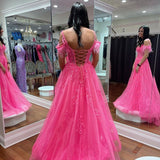 A-Line Off the Shoulder Pink Sweetheart Tulle Prom Dresses with Applique Beads Rrjs821