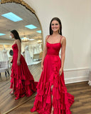 Sexy Side Slit Long Spaghetti Straps Prom Dresses with Flounced RJS427