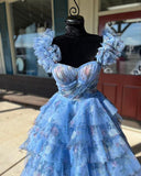 Ball Gown Off The Shoulder Tulle Floral Tiered Ruffled Prom Dresses