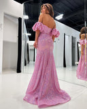 Beautiful Long Elegant Sheath Sweetheart Sequin Pearls Slit Party Prom Evening Dresses
