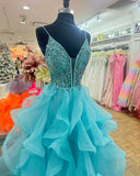 V-Neck Real Made Beading Charming Long Sleeveless A-Line Backless Prom Dresses uk S204