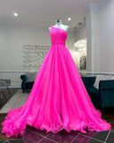 A-line One Shoulder Pink Tulle Ruffles Long Prom Dress Sexy Evening Dresses P1017
