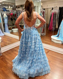 A Line Straps With Applique Tiered Prom Dresses Tulle Sweep Train
