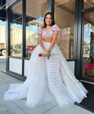 Cute Two Pieces Square Puff Sleeve Flowy Ruffle Tiered Long Prom Dresses