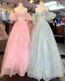 Beautiful Long Off the Shoulder A-Line Sweetheart Beads Organza Prom Dresses UK RJS491