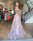 A Line Square Floral Print Floor-Length Chic Prom Dress Evening Dress