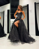 A Line Tulle Long Prom Dress Unique New Style Strapless Evening Dress RJS840