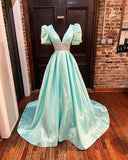 A-Line Beaded Plunge V Neck Long Prom Dress with Puff Sleeves