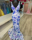 Rjerdress Mermaid V Neck Sequins Long Prom Dress