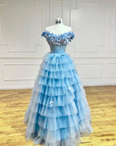 Ball Gown Off The Shoulder Tulle Applique Tiered Long Prom Dresses With Slit