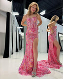 Strapless Pink Front Split Simple Elegant Long Appliques Prom Dresses