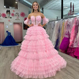 Rjerdress Ball Gown Strapless Tulle Tiered Long Prom Dresses