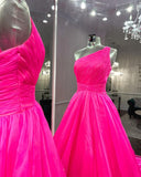 A-line One Shoulder Pink Tulle Ruffles Long Prom Dress Sexy Evening Dresses P1017
