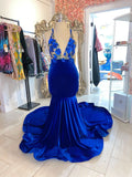 Mermaid Spaghetti Straps V Neck Royal Blue Velvet Backless Appliques Sweep Train Prom Dresses